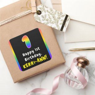 Pegatina Cuadrada 1.ᵉʳ cumpleaños: Espectro arcoiris # 1, nombre per
