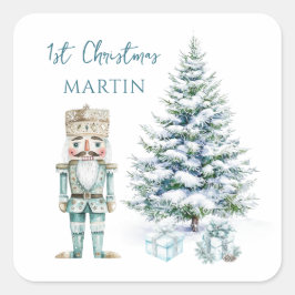 Pegatina Cuadrada 1.ᵉʳ Navidad Blue Nutcracker Snowy Tree