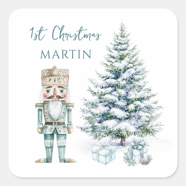 Pegatina Cuadrada 1.ᵉʳ Navidad Blue Nutcracker Snowy Tree (Anverso)