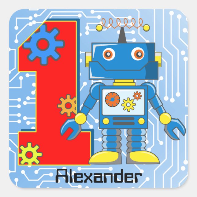 Pegatina Cuadrada 1.ᵉʳ Personalizado de Birthday Robot (Anverso)