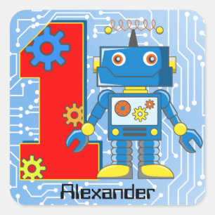 Pegatina Cuadrada 1.ᵉʳ Personalizado de Birthday Robot
