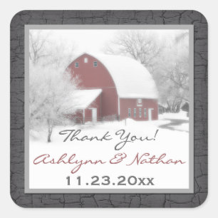 Pegatina Cuadrada 1,5" Sq. Barn Rojo en Boda de Invierno Favor Pegat