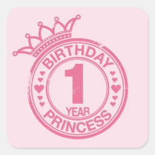 Pegatina Cuadrada 1 año - princesa del cumpleaños - rosa