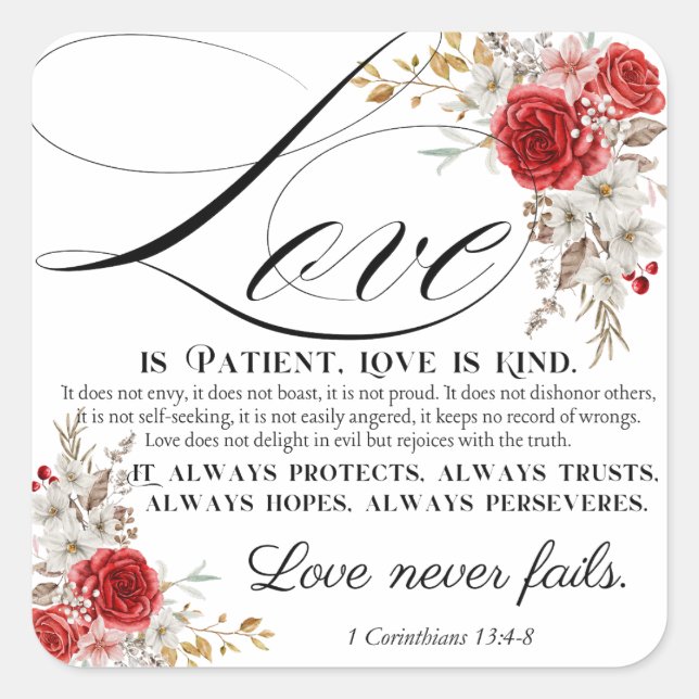 Pegatina Cuadrada 1 Corintios 13:4-8 El Amor es Paciente Biblia Flor (Anverso)