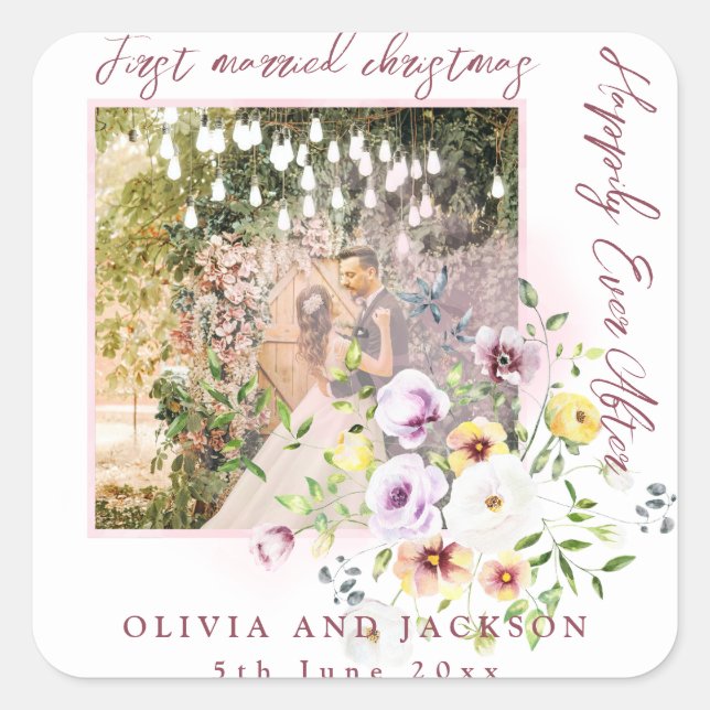 Pegatina Cuadrada 1 Foto Recién Casados 1er Navidad Casados Texto Ro (Anverso)