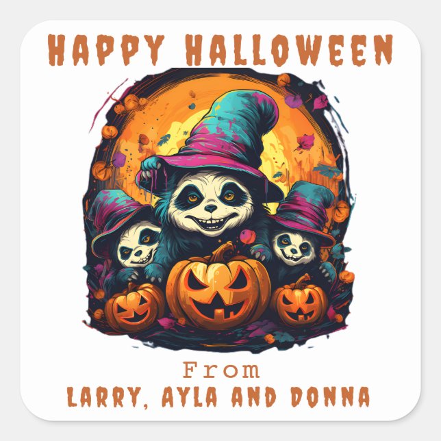 Pegatina Cuadrada 1 Padre 2 Niños - Fiesta de Halloween (Anverso)