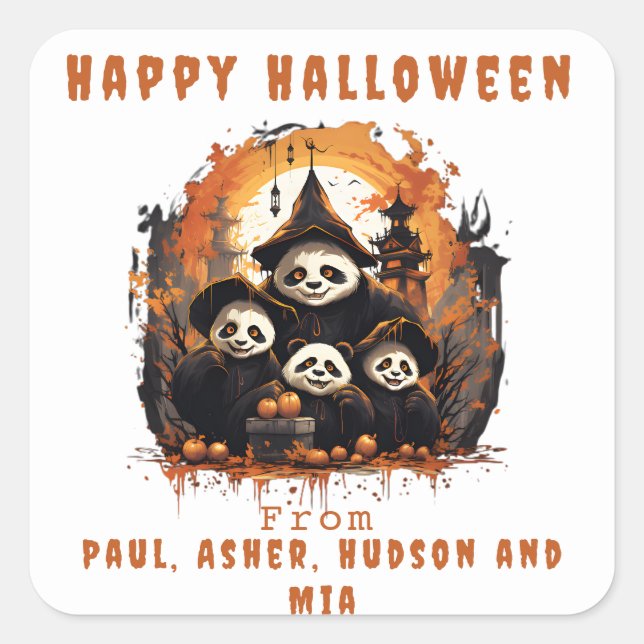 Pegatina Cuadrada 1 Padre 3 Niños - Fiesta de Halloween (Anverso)
