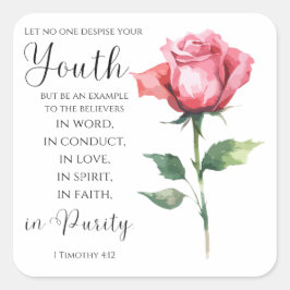 Pegatina Cuadrada 1 Timothy 4:12 - La Biblia Juvenil versus la Flor