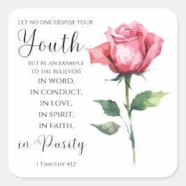 Pegatina Cuadrada 1 Timothy 4:12 - La Biblia Juvenil versus la Flor