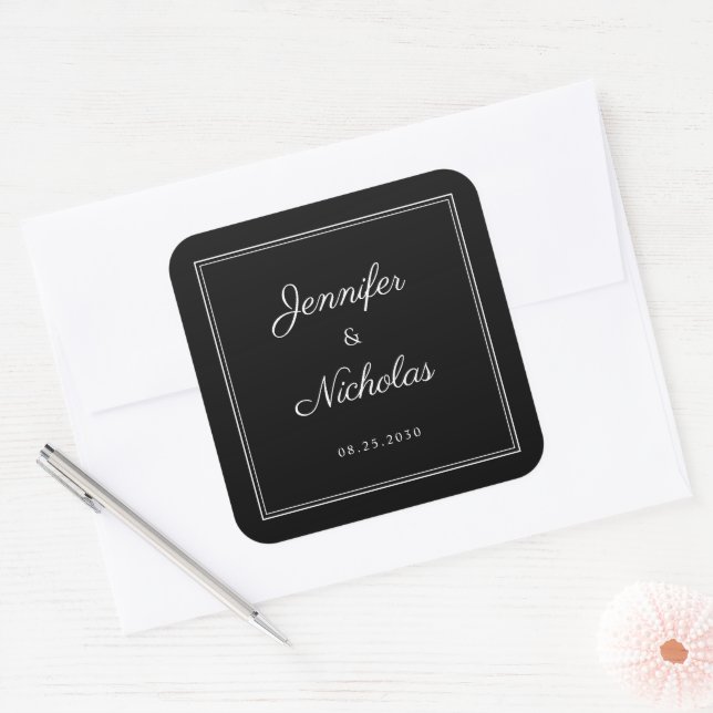 Pegatina Cuadrada 1Elegant  Black And White Script Wedding (Sobre)