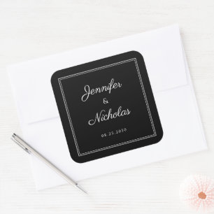 Pegatina Cuadrada 1Elegante Boda Con Letra Negra Y Blanca
