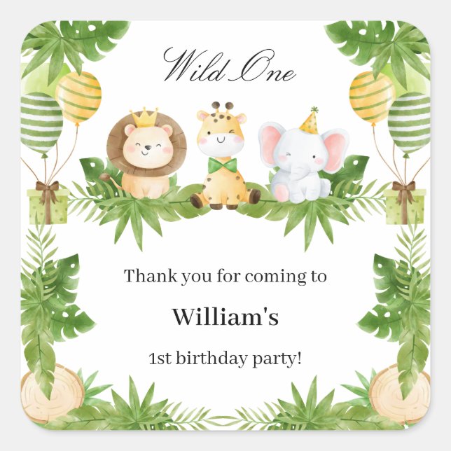Pegatina Cuadrada 1st Birthday Wild One Safari Animals Party Sticker (Anverso)