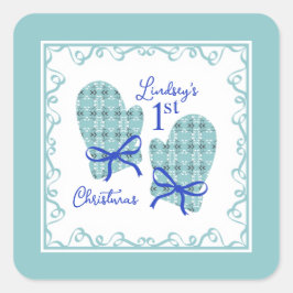 Pegatina Cuadrada 1st Christmas Mittens Blue Bow Holiday