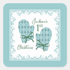 Pegatina Cuadrada 1st Christmas Mittens Green Bow Holiday
