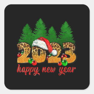 Pegatina Cuadrada 2023 Feliz Año Nuevo Leopard Año Nuevo Eve Fiesta