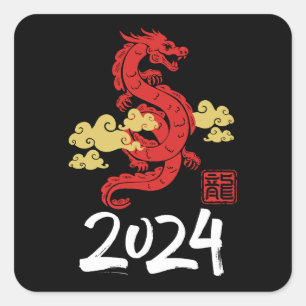 Pegatina Cuadrada 2024 Año del Dragón Feliz Año Nuevo