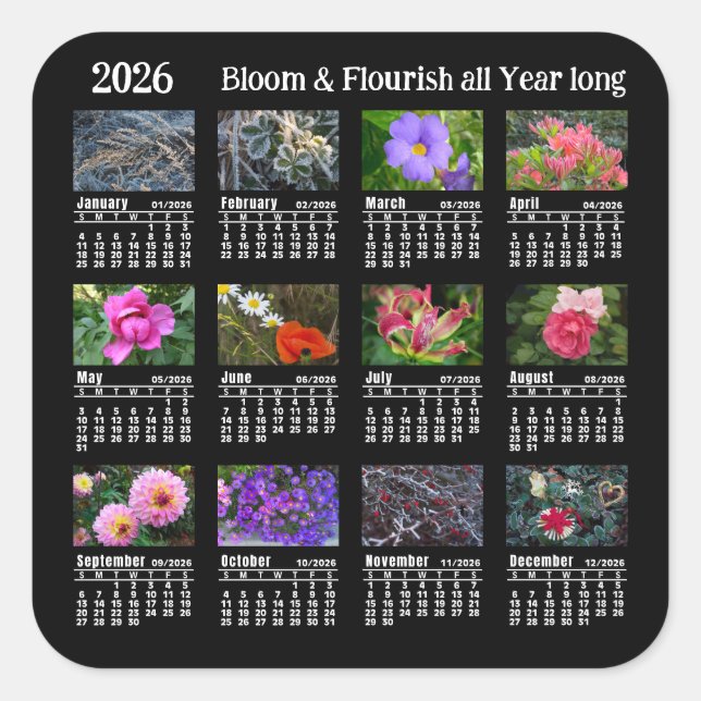 Pegatina Cuadrada 2026 SU Calendar Flower black Custom Vinyl Sticker (Anverso)