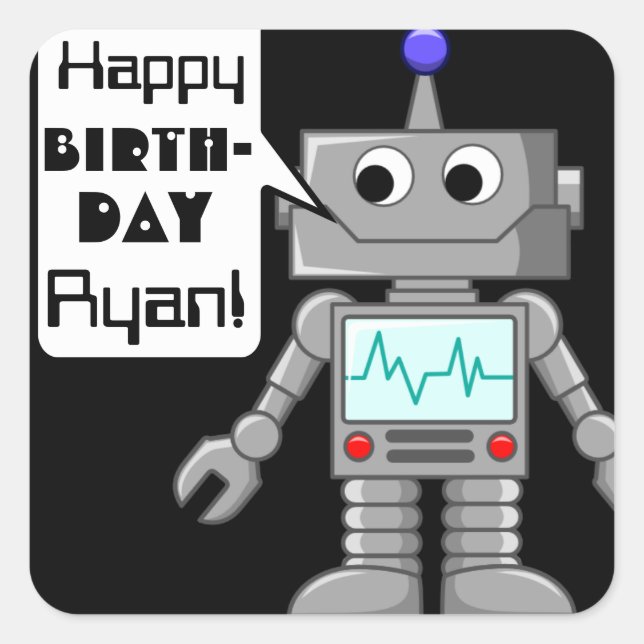 Pegatina Cuadrada 20 Calcomanías de Robot Personalizadas de Cumpleañ (Anverso)