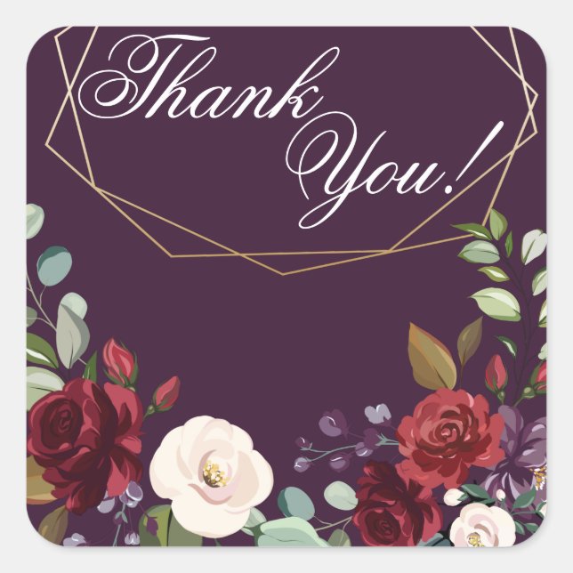 Pegatina Cuadrada 20 Gracias Pegatinas Plum Purple Rosas Gold Geome (Anverso)