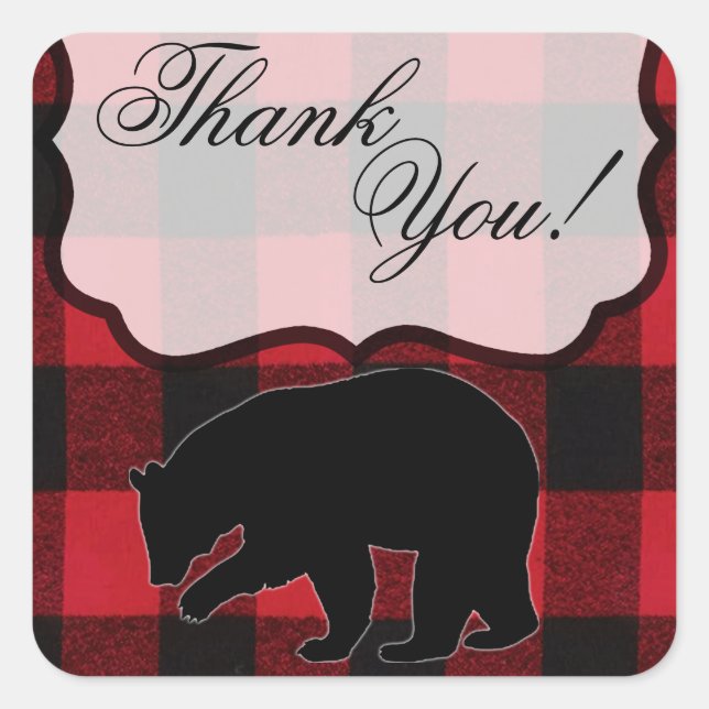 Pegatina Cuadrada 20 Gracias Pegatinas Red Buffalo Plaid Bear Black (Anverso)