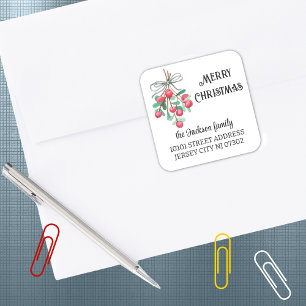 Pegatina Cuadrada 20 Navidad Muérdago Dirección de Retorno Aquarela
