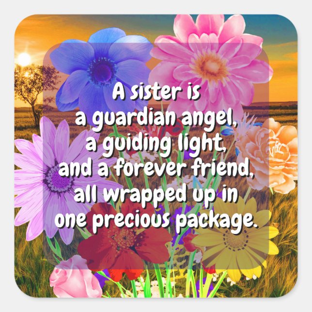 Pegatina Cuadrada (20 pcs) Flores elegantes y cita de hermanas | Esp (Anverso)