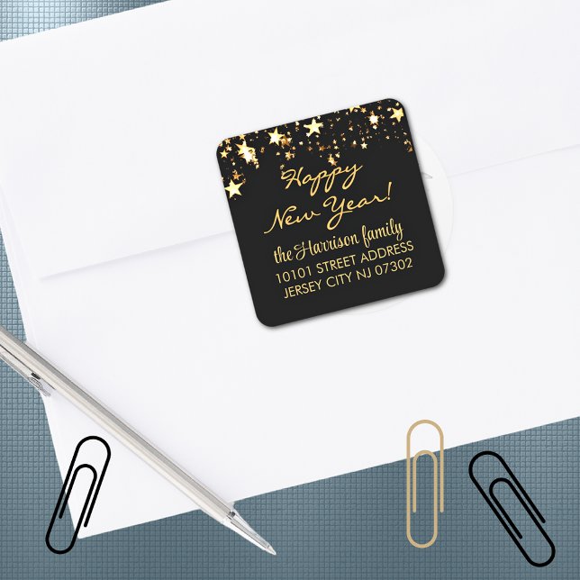 Pegatina Cuadrada 20 Return Address Label, Black & Gold Stars (Subido por el creador)