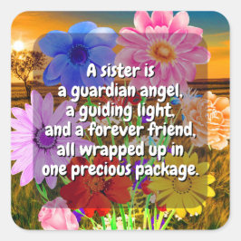 Pegatina Cuadrada (20 unidades) Flores elegantes y cita de hermana |