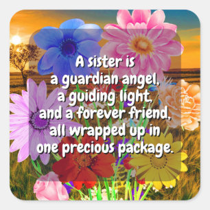 Pegatina Cuadrada (20 unidades) Flores elegantes y cita de hermana  