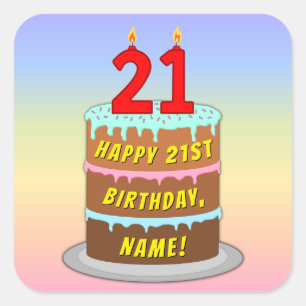 Pegatina Cuadrada 21 Aniversario: Torta divertida y velas + nombre p