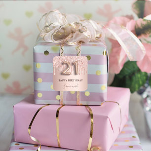 Pegatina Cuadrada 21 cumpleaños rosa purpurina oro estilo globo rosa