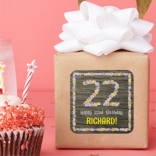Pegatina Cuadrada 22.º cumpleaños: número de flores, apariencia de m (Fiesta)
