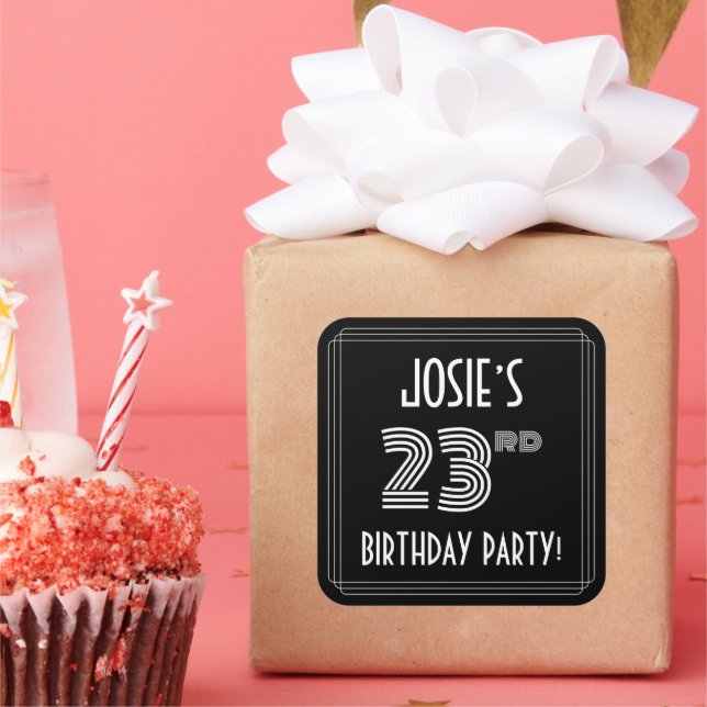 Pegatina Cuadrada 23rd Birthday Party: Art Deco Style & Custom Name (Fiesta)