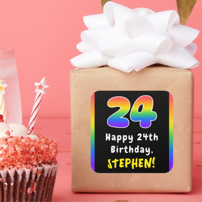 Pegatina Cuadrada 24º cumpleaños: Espectro arcoiris # 24, nombre per (Fiesta)