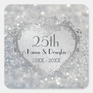 Pegatina Cuadrada 25º aniversario del Boda Sparkle Silver Heart