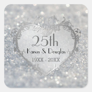 Pegatina Cuadrada 25º aniversario del Boda Sparkle Silver Heart
