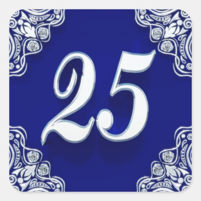 Pegatina Cuadrada 25º cumpleaños o aniversario Regal Silver Azul (Anverso)
