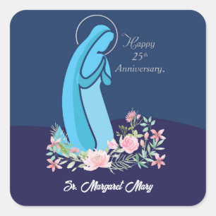 Pegatina Cuadrada 25° Aniversario de la flor rosa monja de la vida r