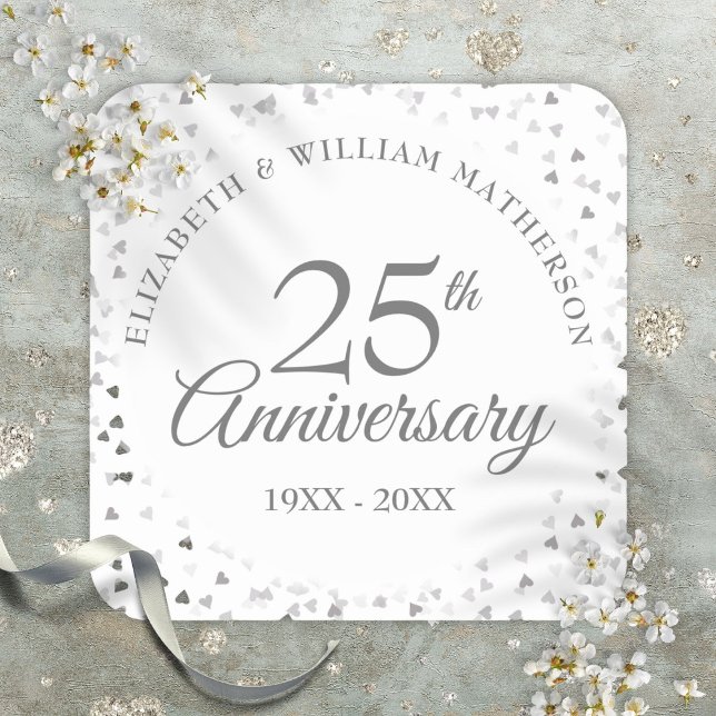 Pegatina Cuadrada 25° Aniversario del Boda Confetti (25th Wedding Anniversary Silver Hearts Confetti Square Sticker)