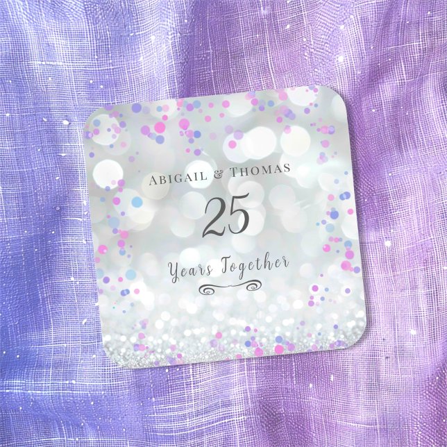Pegatina Cuadrada 25° Aniversario del Boda de Plata (25th Silver Wedding Anniversary (bokeh) sticker)