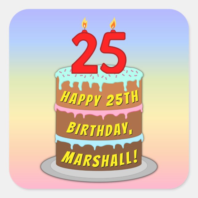 Pegatina Cuadrada 25 Aniversario: Torta divertida y velas + nombre p (Anverso)