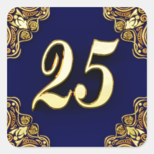 Pegatina Cuadrada 25 cumpleaños o aniversario regal oro y azul