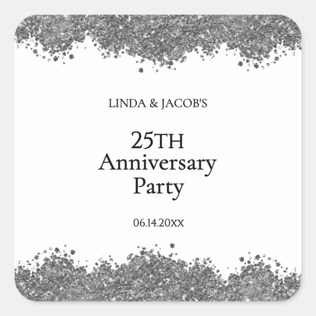 Pegatina Cuadrada 25th Wedding Anniversary Silver Faux Glitter  (Anverso)