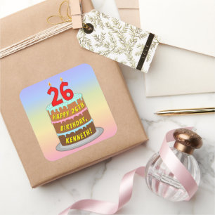 Pegatina Cuadrada 26º cumpleaños: Torta divertida y velas + nombre p