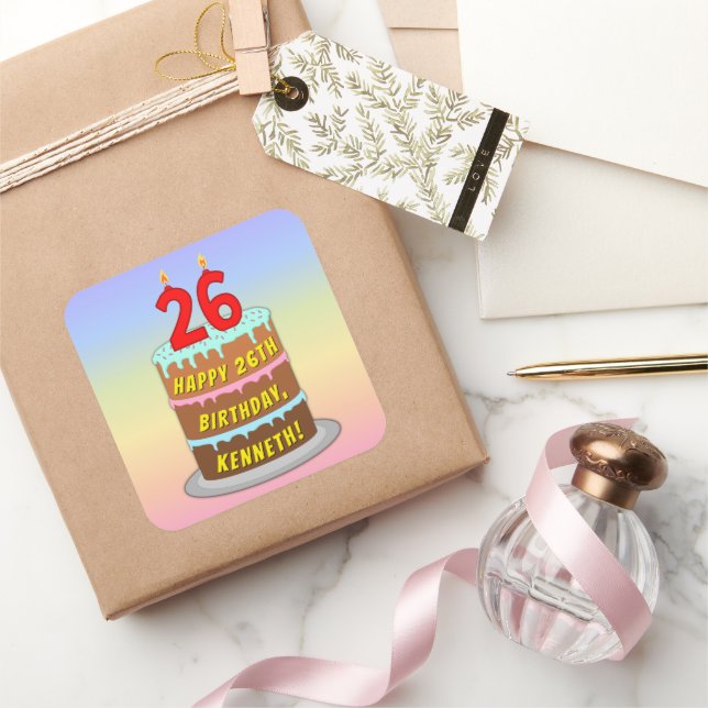 Pegatina Cuadrada 26º cumpleaños: Torta divertida y velas + nombre p (Regalar)