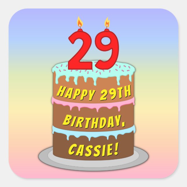 Pegatina Cuadrada 29th Birthday: Fun Cake and Candles + Custom Name (Anverso)