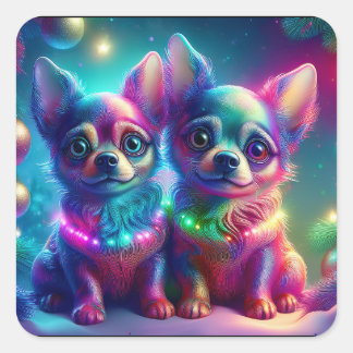 Pegatina Cuadrada 2 Young Chihuahua Pups In Colorful Christmas Scene