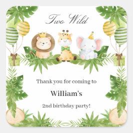 Pegatina Cuadrada 2nd Birthday Two Wild Safari Animals Party Sticker