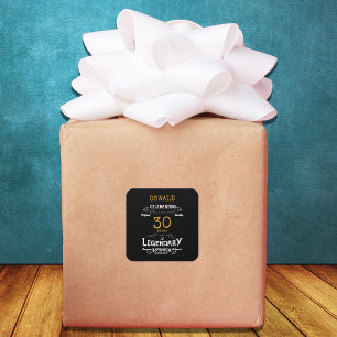 Pegatina Cuadrada 30.º cumpleaños Black Gold Legendario Retro