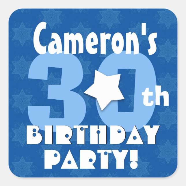 Pegatina Cuadrada 30.º Fiesta de cumpleaños Estrellas azules Nombre  (Anverso)